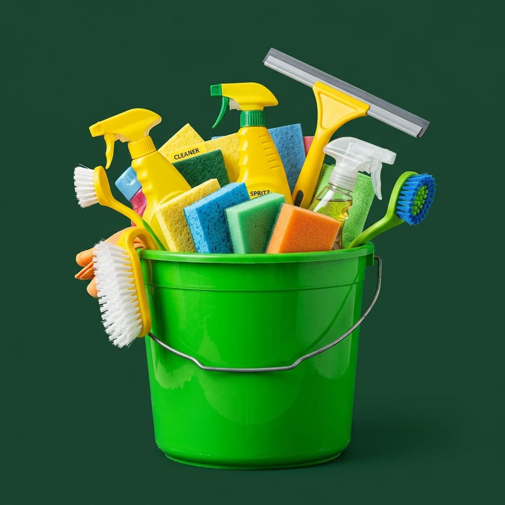 Forest green bucket filled with cleaning supplies on dark background